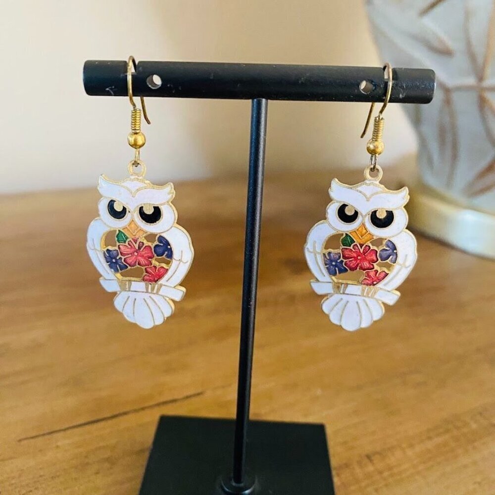 Vintage Stefano Cloisonné Enamel Owl Dangle Earrings Colorful Florals, Gold - Picture 5 of 7